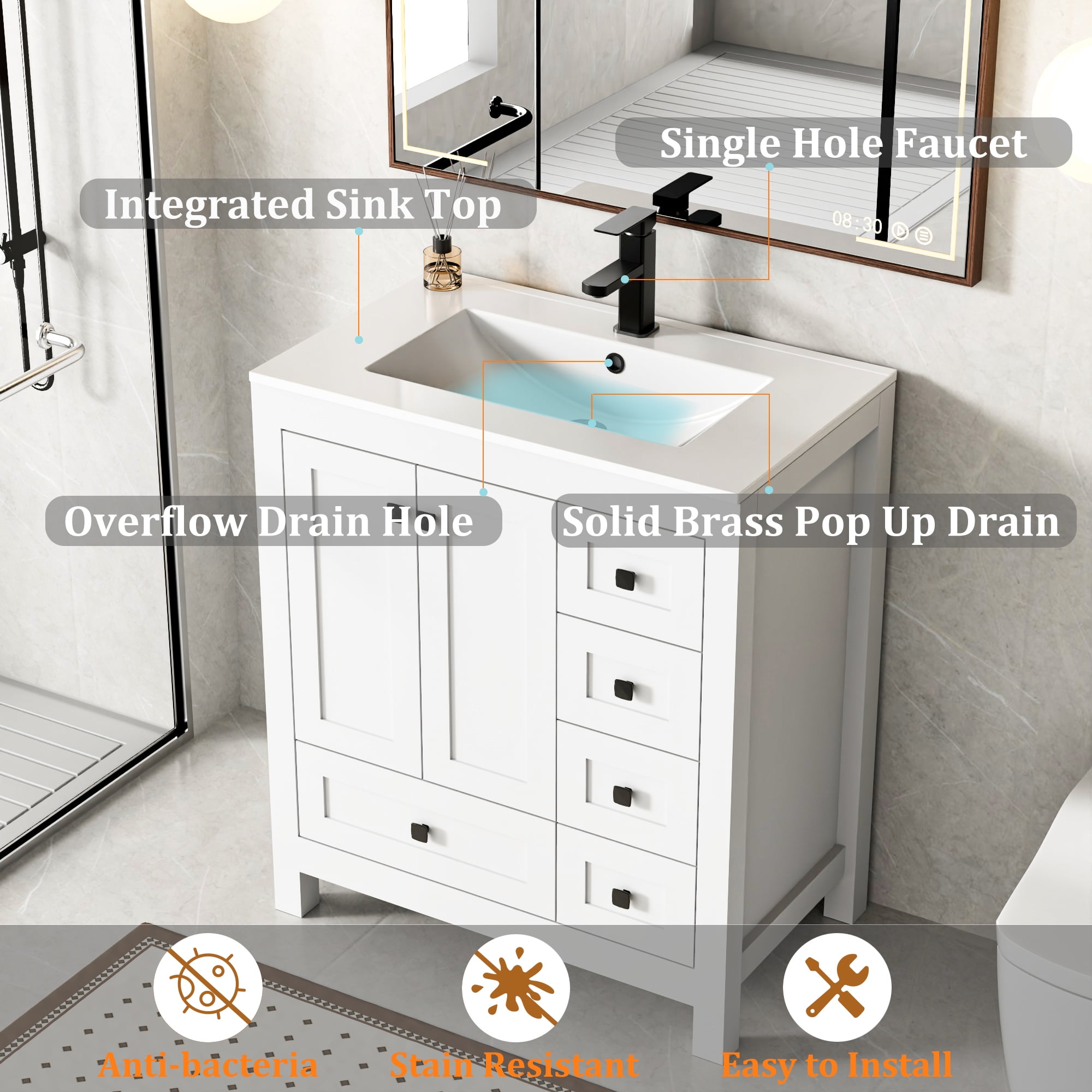 eclife 30" White Bathroom Vanity Set with Integrated Sink Top and Water-Saving Faucet