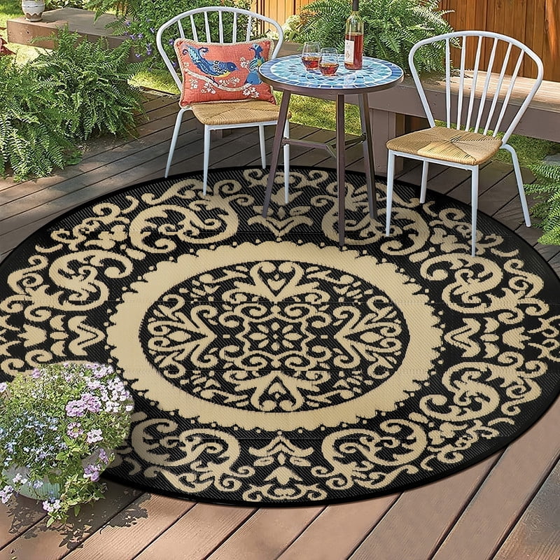 Aonewoe Round Outdoor Rugs 8Ft Waterproof Patio Plastic Straw Rug Reversible Camping Carpet Indoor Outdoor Area Rug for Patio,Deck,Balcony,Picnic,Beach,Outside