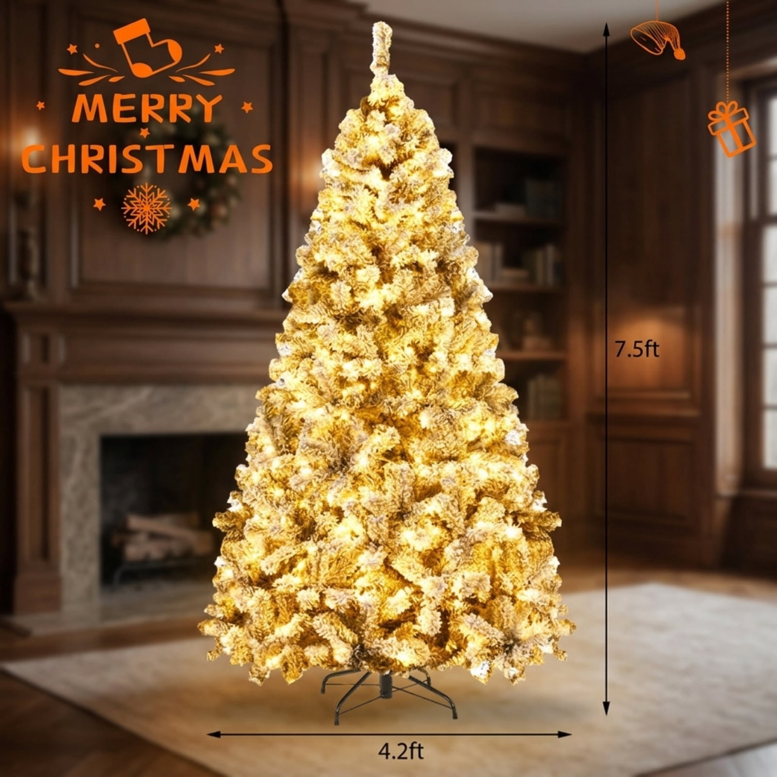 RUIE, 7.5 ft, Pre-Lit Artificial Christmas Tree, Tall Flocked Christmas Tree, 1010 Branch Tips, Snow Flocked, Hinged Branches for Christmas Party