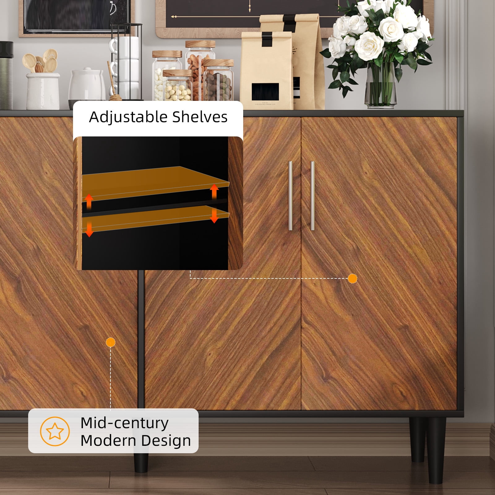 4 EVER WINNER 58" Buffet Cabinet with Storage, Vintage Sideboard with Adjustable Shelves & Metal Handle, Mid Century Modern Coffee Bar for Kitchen, Dining Room, Black