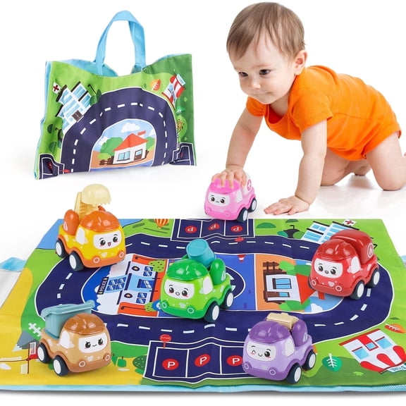 Mini Car Toys for 1 Year Old Boy Gifts, 6 Sets Pull Back Trucks for Toddlers Age 1-2, Infant Push and Go Friction Powered Vehicles with Playmat and Storage Bag, Kids 1st Christmas Birthday Gifts