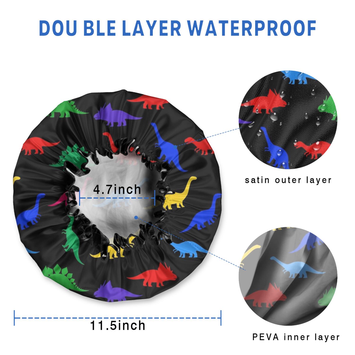 Shower Caps,Black Cartoon Dinosaurs Colorful Silhouettes Pattern Waterproof Shower Cap for Women 4 Pieces,Double Reusable Hair Cover for Shower PEVA Elastic Stretch Hem