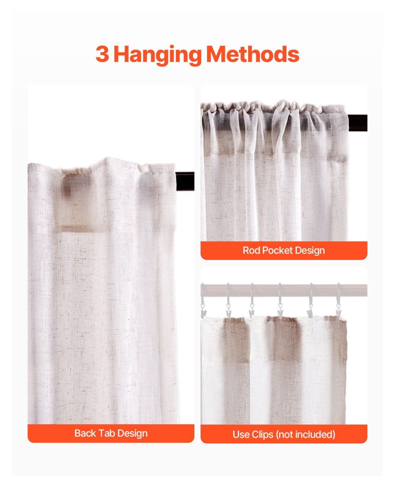 Natural Linen Curtains 52x84 Inch 2 Panels, Light Filtering Semi Sheer Drapes