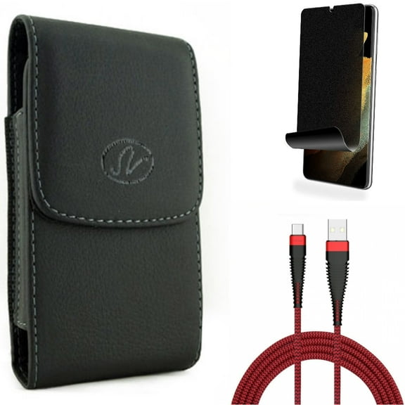 Privacy Screen Protector & Case Belt Clip & 10ft USB Cable for Samsung Galaxy S22 Plus (S22 ) - Combo TPU Film (Fingerprint) Anti-Peep & Leather Holster Cover & Type-C Charger Cord Power