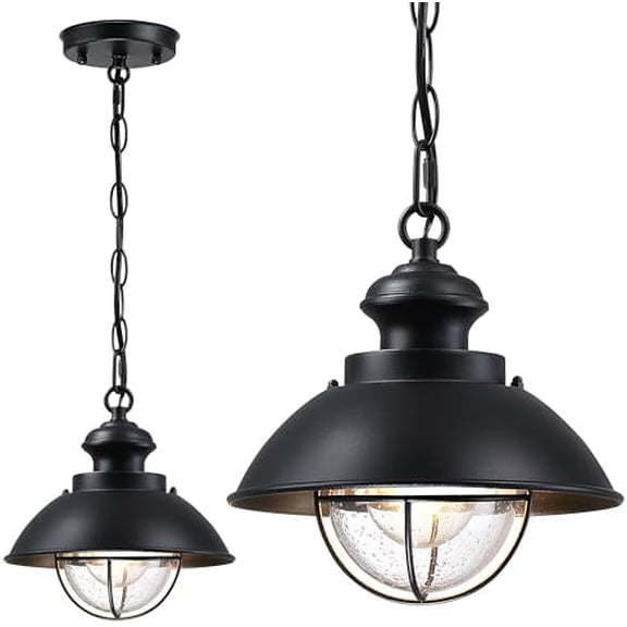 Outdoor Hanging Lights, Farmhouse Exterior Pendant Light Lantern with Adjustable Chain, Matte Black Outdoor Chandelier with Seeded Glass for Front Porch Gazebo Entryway Breezeway Pergolas