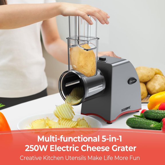 Electric Cheese Grater with 5 Blades, 250W Shredder for Cheeses, Fruits, Nuts