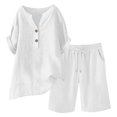 thumbnail image 2 of Joernso Cotton Linen 2 Piece Outfits for Women Short Sleeve V-Neck Top Wide Leg Shorts Set Summer Casual Loose Lounge Set, 2 of 8