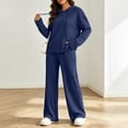 thumbnail image 4 of hoksml Women's Ribbed Knit Hooded Tracksuit 2 Piece Outfit, V Neck Long Sleeve Top and Wide Leg Pants Casual Loungewear Set, 4 of 8