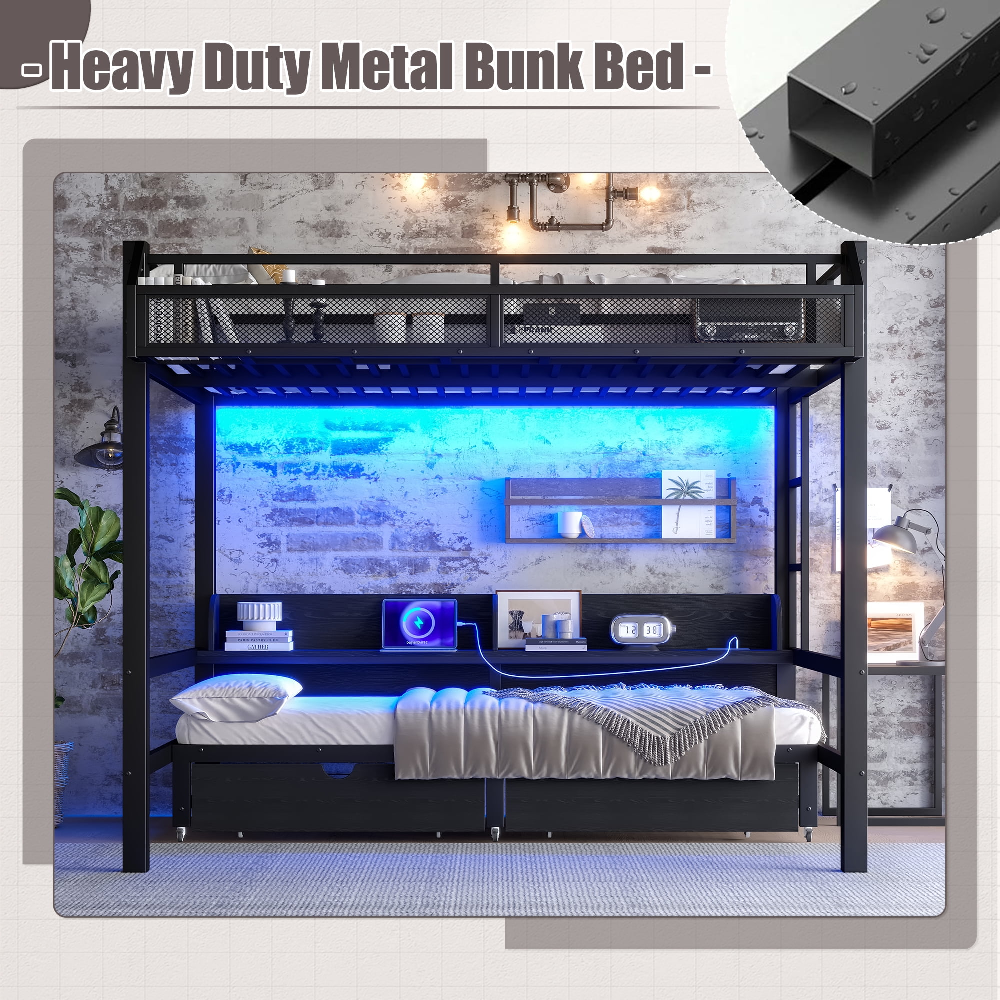 Mintazer Queen Over Queen Metal Bunk Bed with &nbsp;LED Light Strip & USB Ports, Multifunctional Metal Bunk Beds with 3 Shelves & 2 Drawers and Convertible Lower Bed for Bedroom Dorm, Black