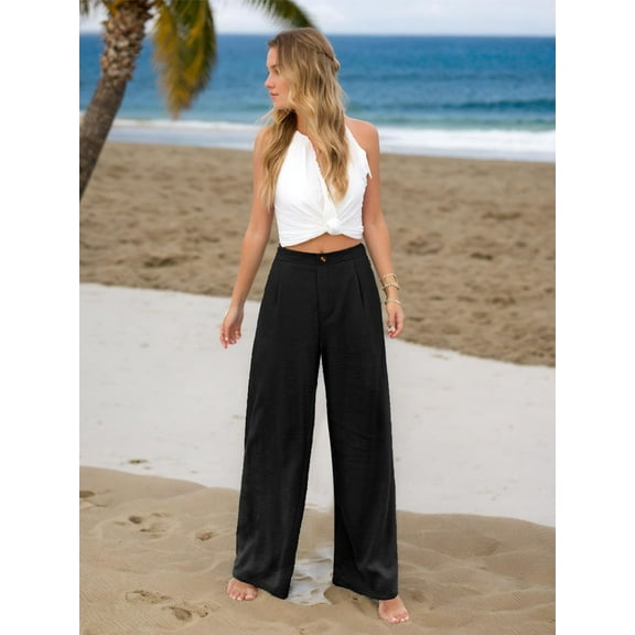 Sanopy Womens Casual Wide Leg Pants High Waisted Button Down Straight Long Trousers Palazzo Pants