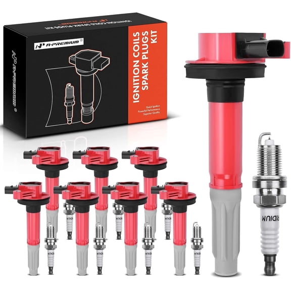 A-Premium (Red) Ignition Coils and Spark Plugs Kits Compatible with Ford F-150 2011-2016, Mustang 2011-2015, 5.0L 8-PC Set