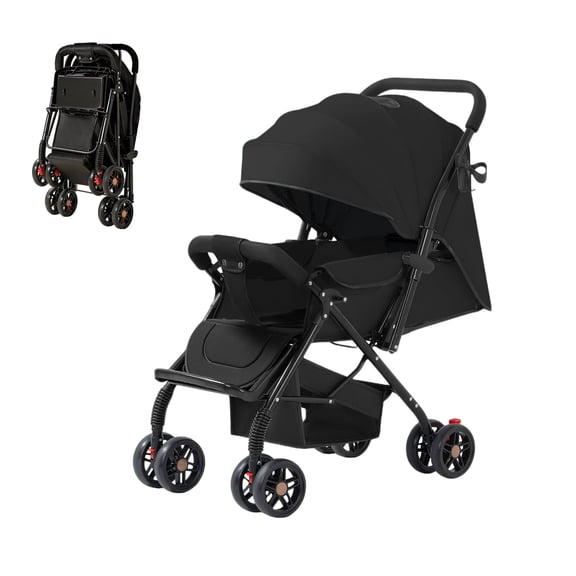 Portable Baby Stroller, Lightweight Reversible Handle Stroller with Full Reclining Seat, Adjustable Canopy, Storage Basket & Cup Holder for Newborns and Toddlers