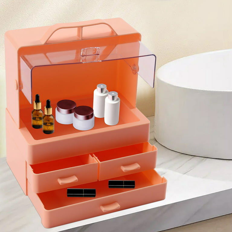 FETCOI Makeup Organizer Comportments Cosmetics Storage Box W/ Drawer Pink  Gift