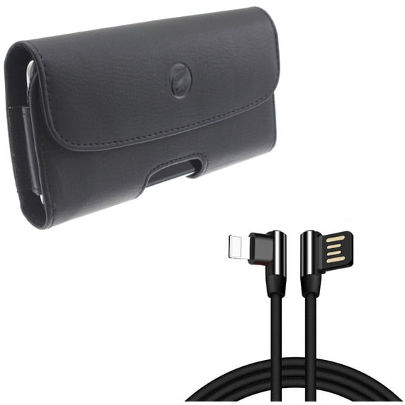 Angle USB Cable w Case Belt Clip for iPhone XS/X - 10ft Charger Cord Power Wire Sync, Leather Holster Cover Pouch Loops for iPhone XS/X