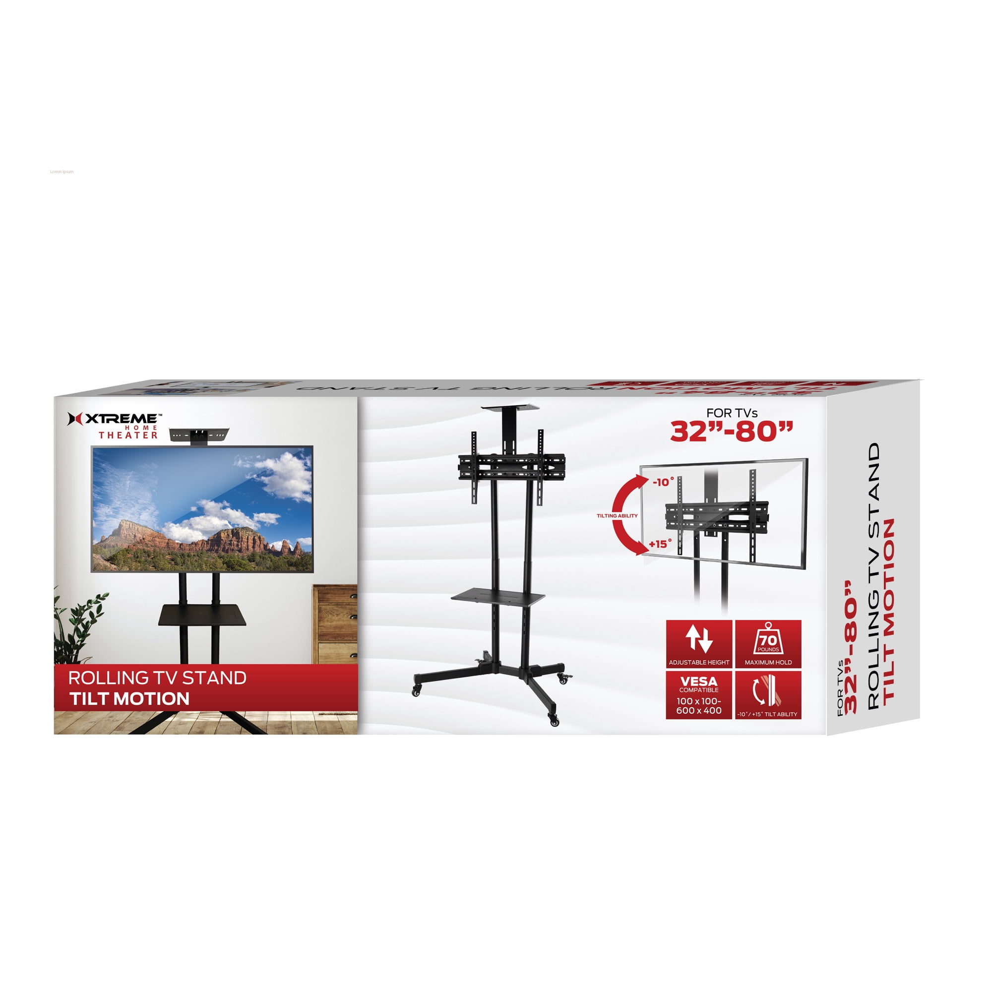 Xtreme Rolling TV Stand with Mount 32”-80", Portable TV Stand on Wheels with Tilt Lock