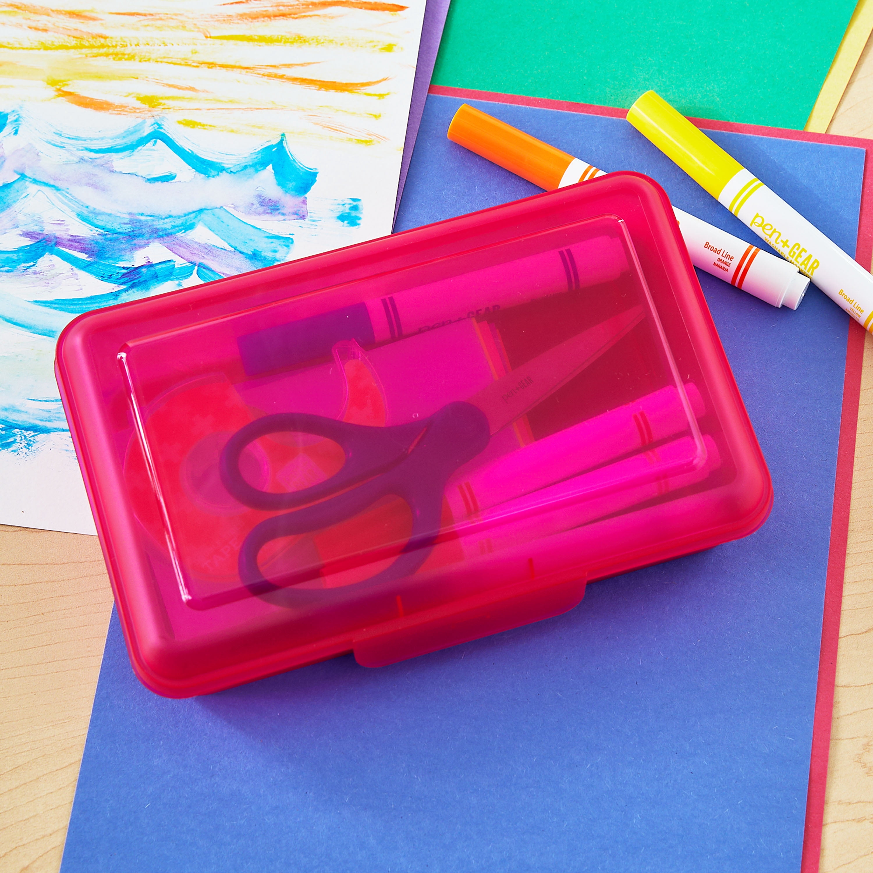 Pen+Gear Plastic Pencil Box with Snap-On Lid, Translucent Fuchsia Burst, 1-Pack