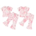 thumbnail image 4 of Odeerbi Toddler Girls 2 Piece Outfits Tie-dye T-shirt Flared Pants Set Summer Clothes Fashion Casual Round Neck Collar Short Sleeve Botton Tops Solid Color Long Pants Sets Pink, 4 of 9