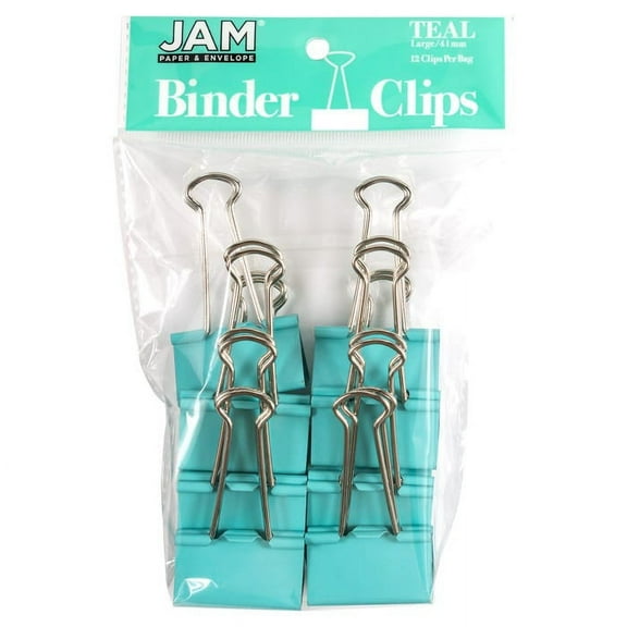 JAM Paper Colorful Binder Clips, Large, 1 1/2 inch (41 mm), Teal Blue, 12/Pack