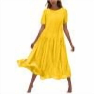 Timegard Dresses for Women Summer Ruffle Round Neck Loose Mid Long Dresses Casual Solid Color Dresses Fashion,Yellow