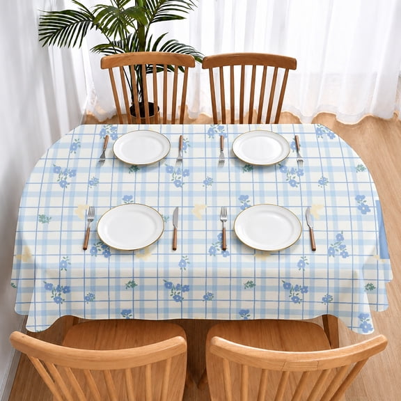 Rdsfhsp Oval Tablecloth, Blue Grid Floral Table Cover for Dining Table, Washable Kitchen Tablecloth, Reusable Table Protector, Modern Country Home Decor