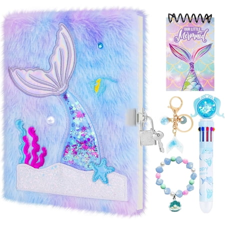homicozy Secret Diary, Diary with Lock, Mermaid Diary with Lock, Plush Notebook with 10 Color Pen, Journal with Cute Key Chain, Notepad, Birthday and Christmas Gifts.