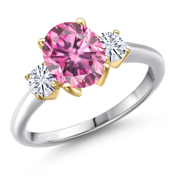Gem Stone King 925 Silver and 10K Yellow Gold Pink Moissanite and White Moissanite Engagement Ring for Women | 2.46 Cttw | Oval 9X7MM | Gemstone Birthstone | Size 5