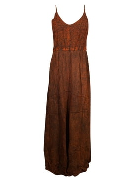 Mogul Women's Summer Maxi Dress Rust Embroidered Beautiful Strap Long Dresses L