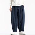 thumbnail image 3 of Men's Casual Loose Solid Color Linen Pants, Cotton Linen Wide Leg Harem Trousers Chinese Style for Bohemian Fashion and Comfort,Navy,5XL, 3 of 7