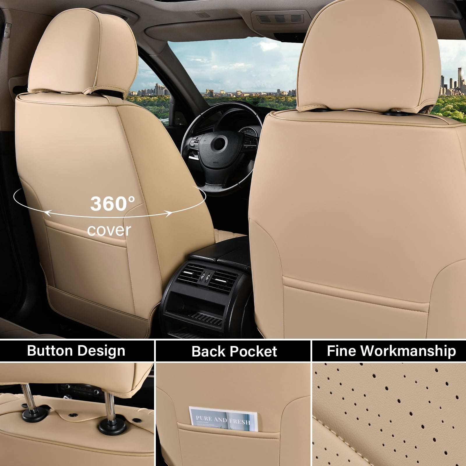 Coverado Full Set Car Seat Covers, Waterproof Faux Leather Front and Rear Seat Protector, Breathable Seat Cushions Universal Fit for Most Cars, Beige
