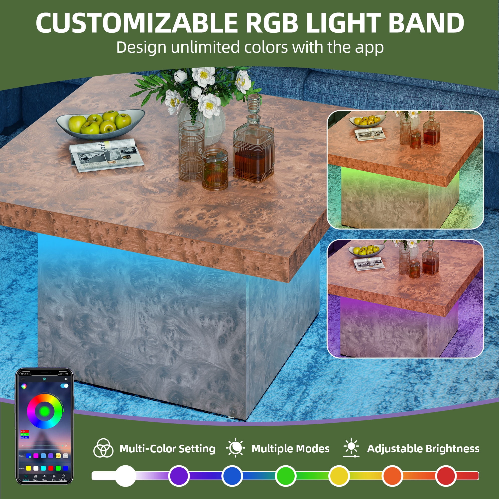 Uforic Rustic Square Coffee Table with LED Lights for Living Room, Burl Color