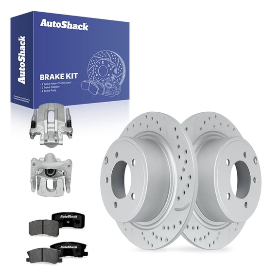 AutoShack Rear Solid Drilled & Slotted Coated Brake Rotors Silver Matte Finish   Premium Ceramic Pads   Calipers 8-PC Brake Kit Replacement for 2010-2017 Jeep Patriot TurboGuard 11.85" (301.1 mm)