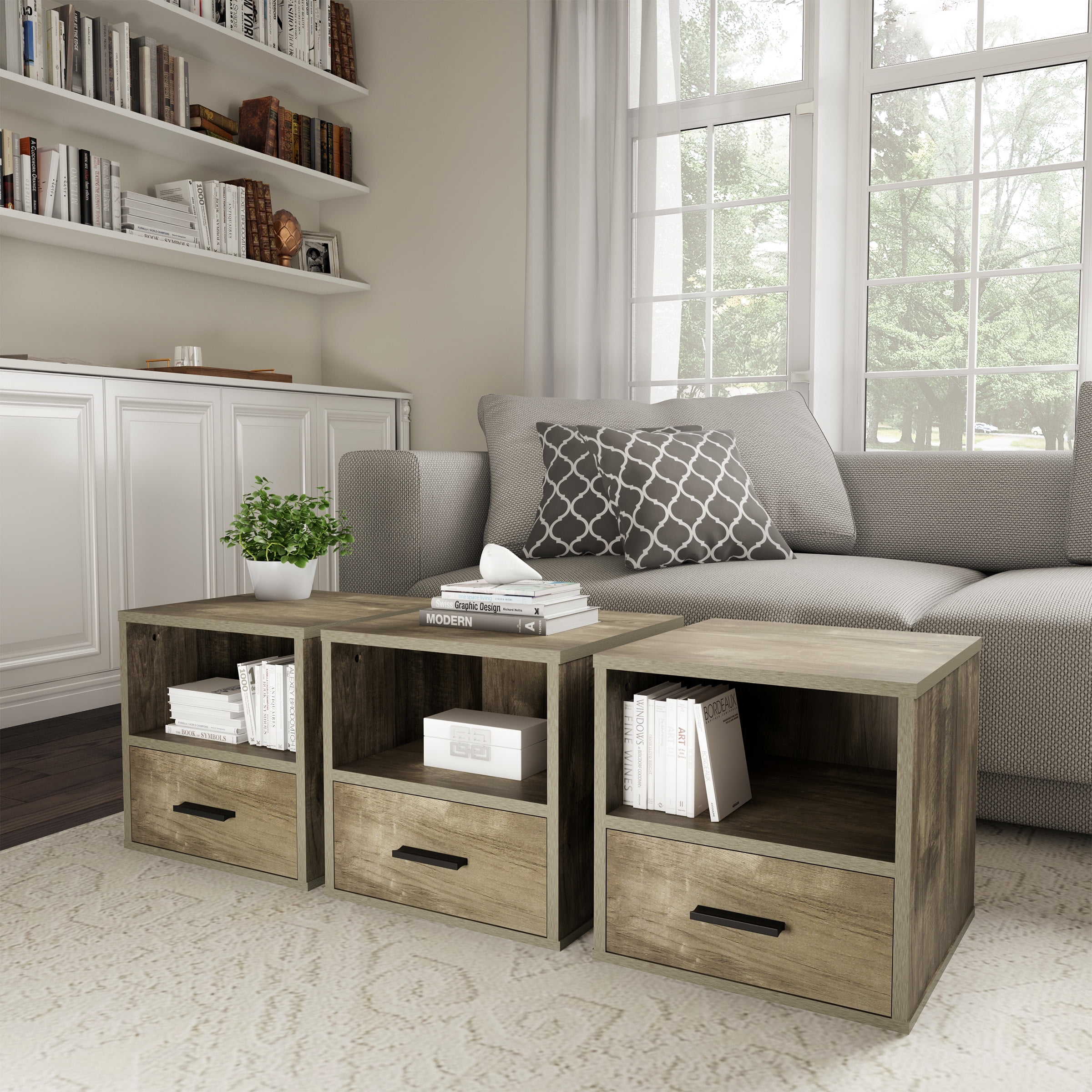 Lavish Home End Table Cube with Drawer, Gray