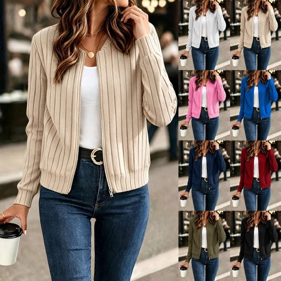 Sheghy Women Spring Light Zip Jacket Solid Long Sleeve Pocket Casual Daily Coat Zip-Up Black S