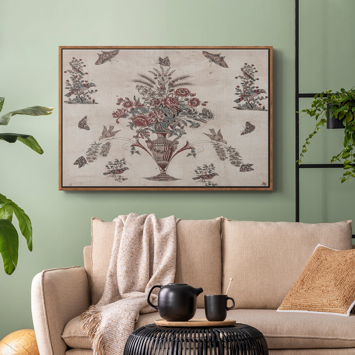 Vintage Abstract Print-V Framed in Walnut Wood Gallery Wrapped Canvas 25 in. x 37 in.