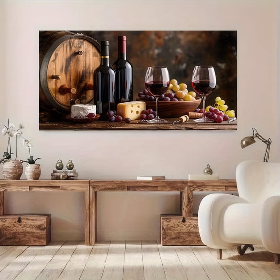Wine and Cheese Still Life with Barrel Framed Canvas Wall Art 48x24 Inch Rustic Vineyard Print for Dining Room Kitchen Bar Decor
