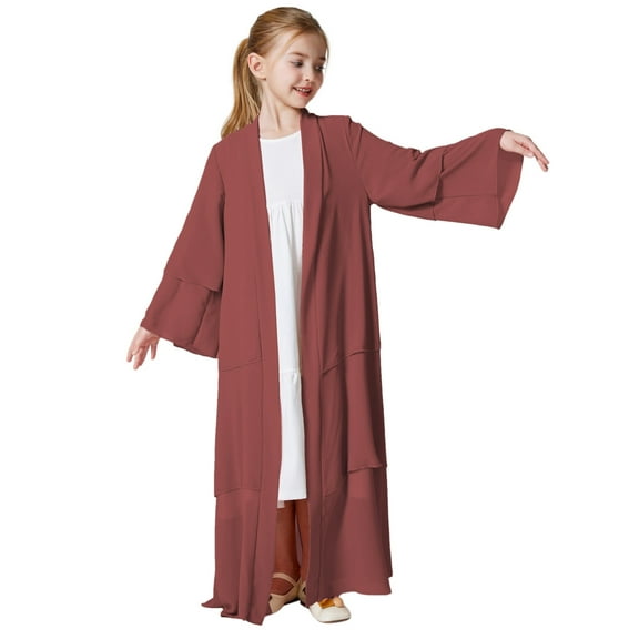 Baby Girls Long Sleeve Dress Kids Chiffon Abaya Open Front Cardigan Robe Dresses Summer Girl Fashion Dresses for 4-5 Years