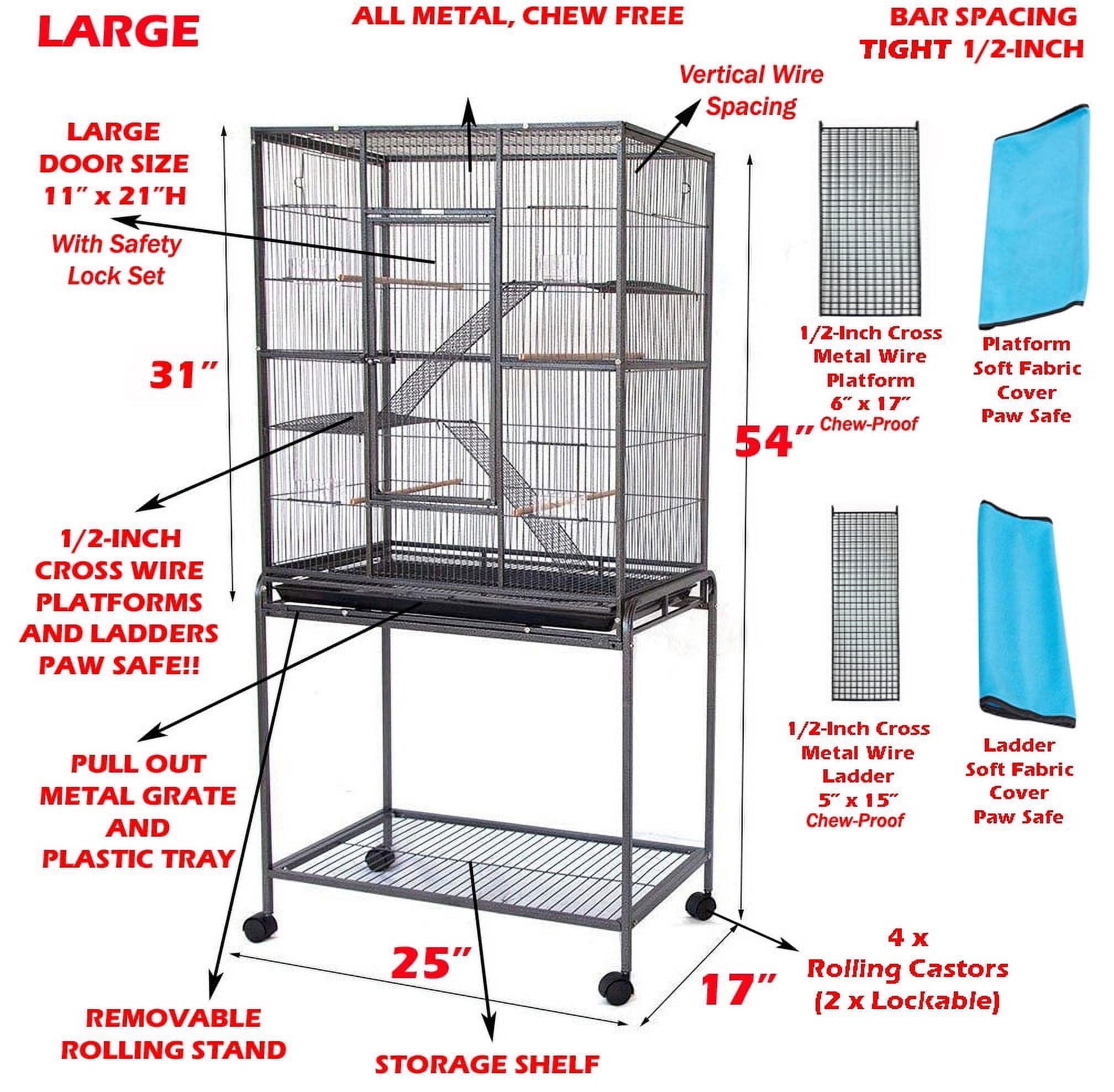 54" LARGE Wrought Iron 3-Levels Ferret Chinchilla Sugar Glider Rats Mice Rabbit Squirrel Hamster Mouse Cage with Removable Stand