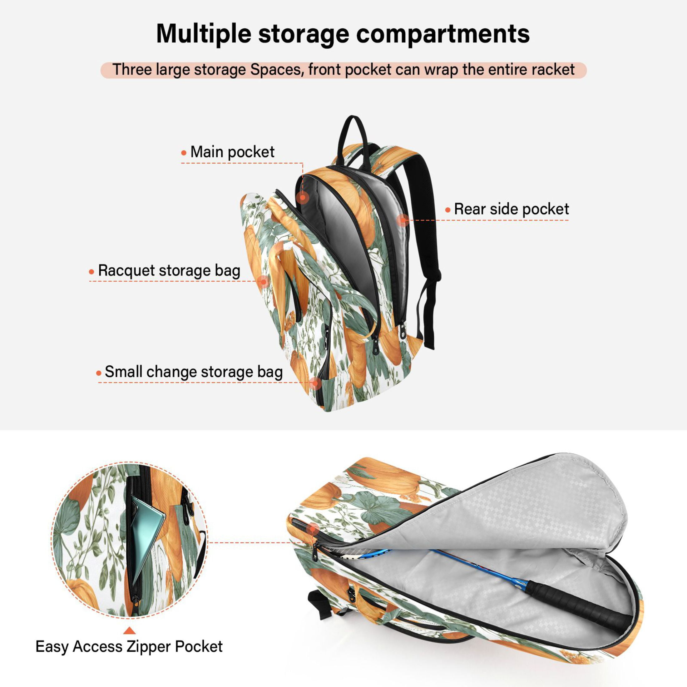 2 Racquet Holder Tennis Backpack Tennis Racket Covers Gym Bags Pumpkins and Leaves