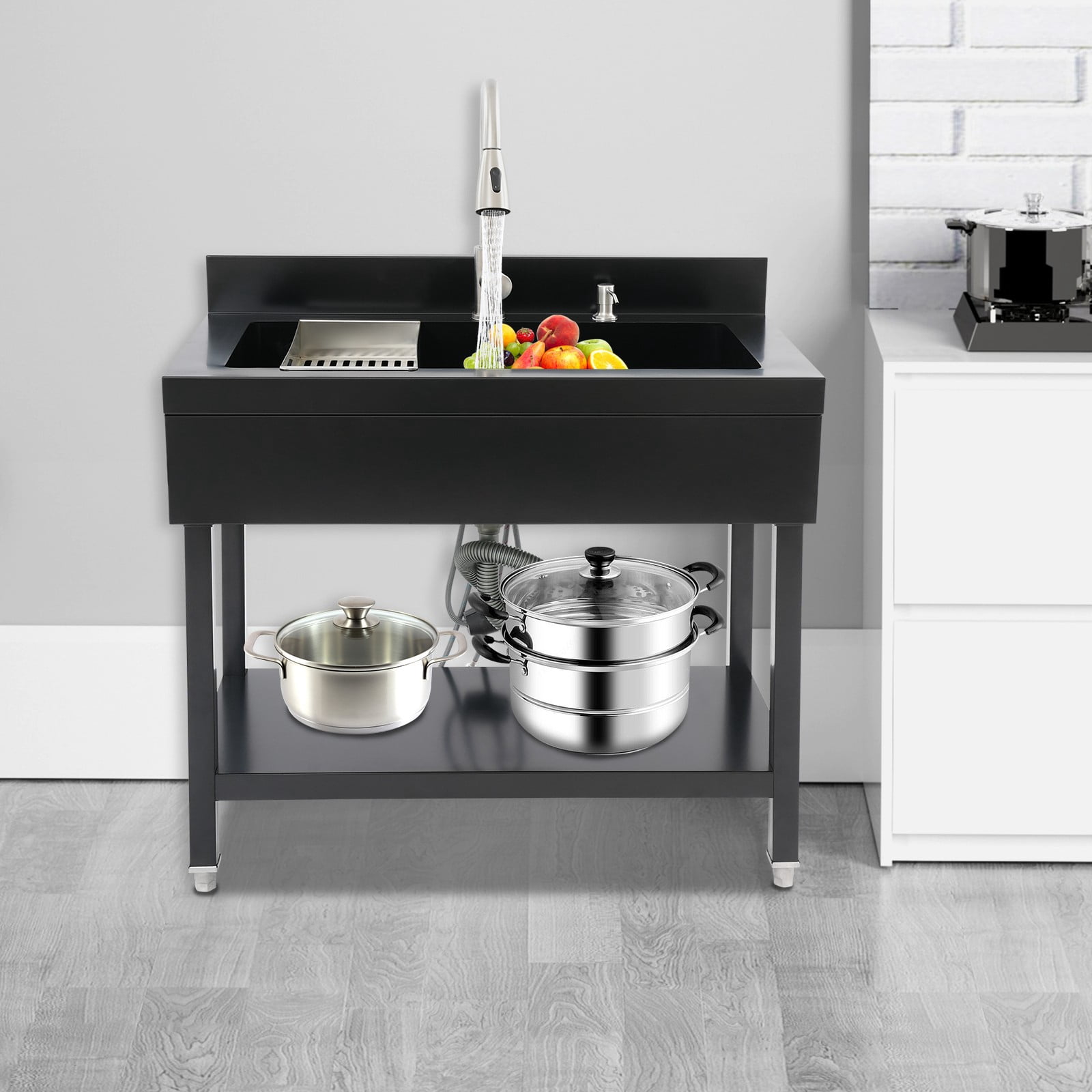 Black Kitchen Sink, Freestanding Utility Sink with Pull-Out Faucet, Stainless Steel Laundry Tub, 2 Water Modes, Large Capacity for Pet Washing