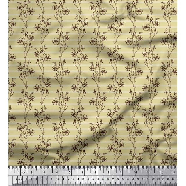 Soimoi Tissu en Coton Beige Cambric Rayé & Imprimé Floral 1 Yard 56 Pouces de Large
