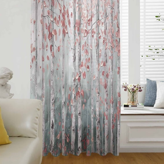 Pink Teal Forest Semi Sheer Curtains Drapes for Living Room, Bedroom, French Doors Window 84 Inches Long, Modern Oil Painting Art Rod Pocket Chiffon Curtain Drapery Voile Draperies Panel