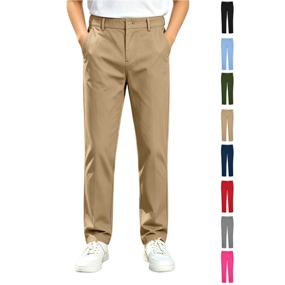 Xaqiouau Boys Straight Leg Chino Pants Classic Flat Front Casual Trousers Button Closure Solid Color School Uniform Bottoms Versatile Everyday Wear Khaki 9-10 Years