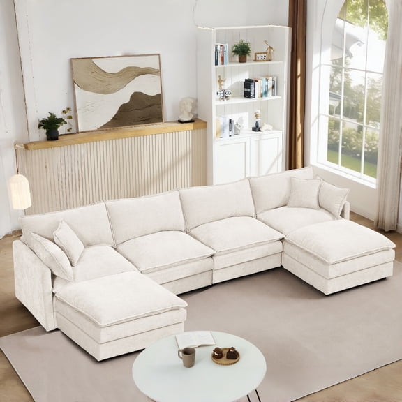 130.7" Modular Sectional Sofa with Movable Ottoman, U-Shaped Couch with 2-Layer Seat Cushions, 4-Seater Comfy Cloud Couch for Living Room, Beige