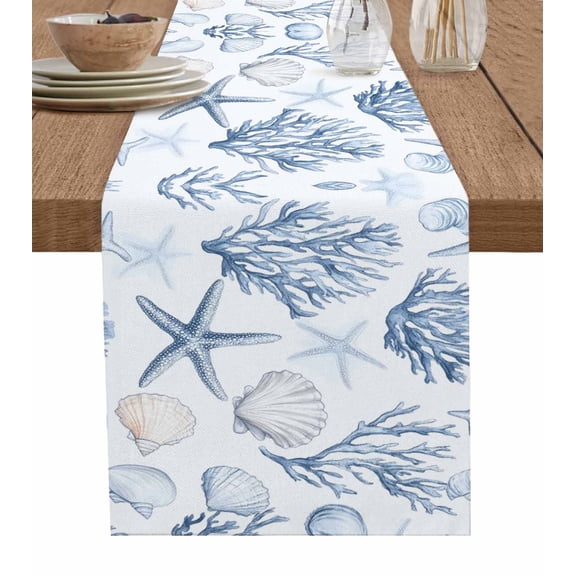 Blue Coastal Nautical Table Runner 120 Inches, Summer Beach Starfish Coral Bed Runner Dresser Scarves Tabletop for Indoor Outdoor Parties/Ceremony/Banquet, 13"x 120"