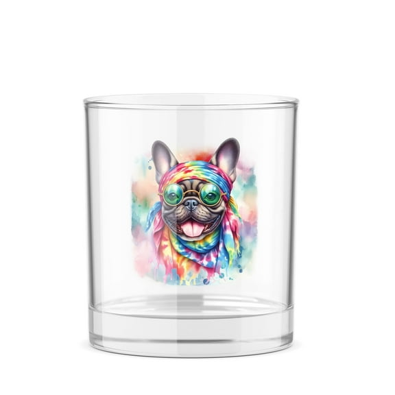Hippie French Bulldog Portrait Watercolor Tie-Dye Vintage Styles 11oz Whiskey Glass Mug Dog Lover Gifts Whiskey Cocktail Glasses Cup - 00014