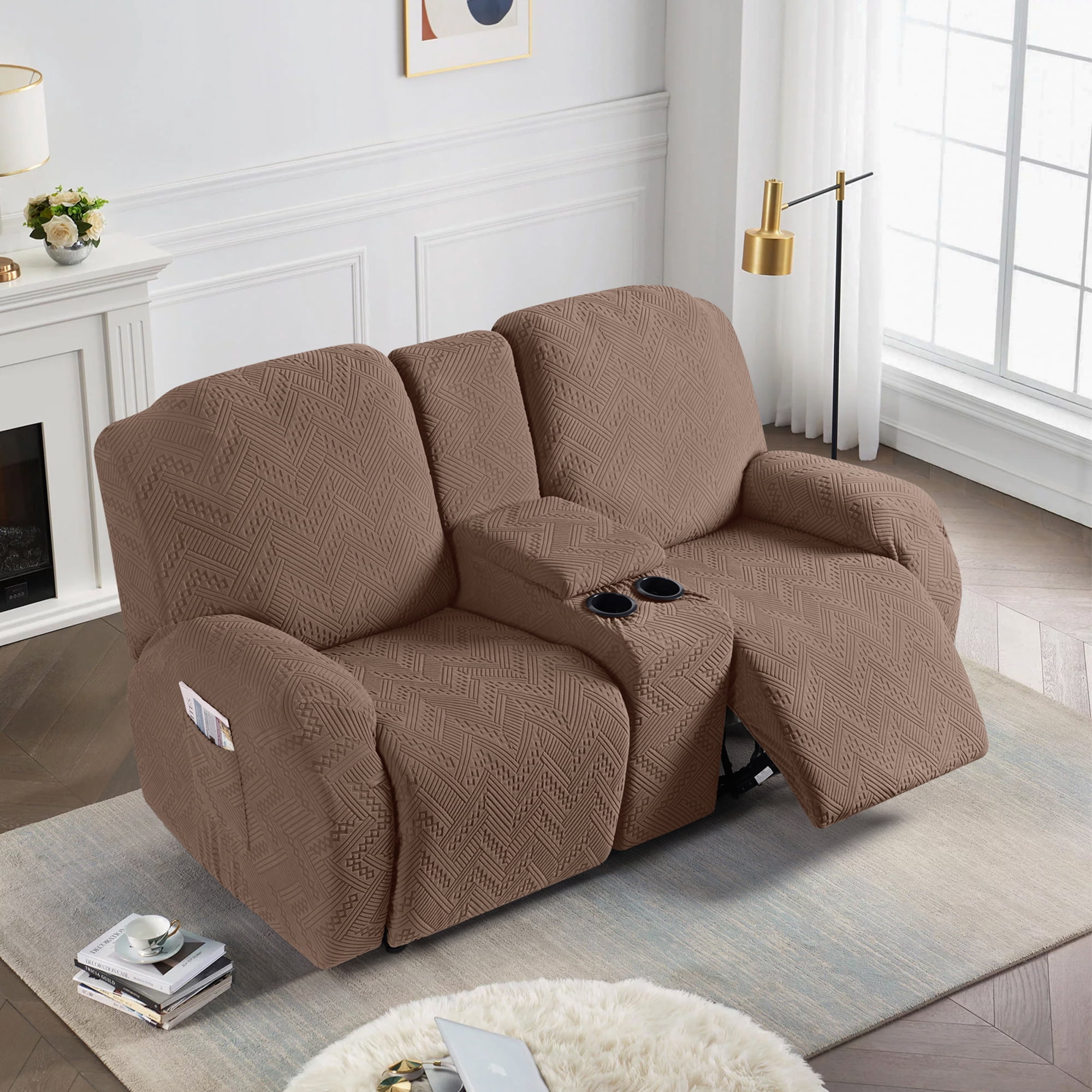 TAOCOCO Durable 4-Pieces Stretch Loveseat Recliner Slipcovers with Console, Jacquard Reclining Sofa Covers for 2 Seater Couch with Pockets Sofa Protector, Brown