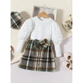 thumbnail image 2 of Liacowi Toddler Girl's Autumn 3 Piece Outfits Long Puff Sleeve Ribbed Tops Button Belted Plaid Skirt Beret Set, 2 of 9