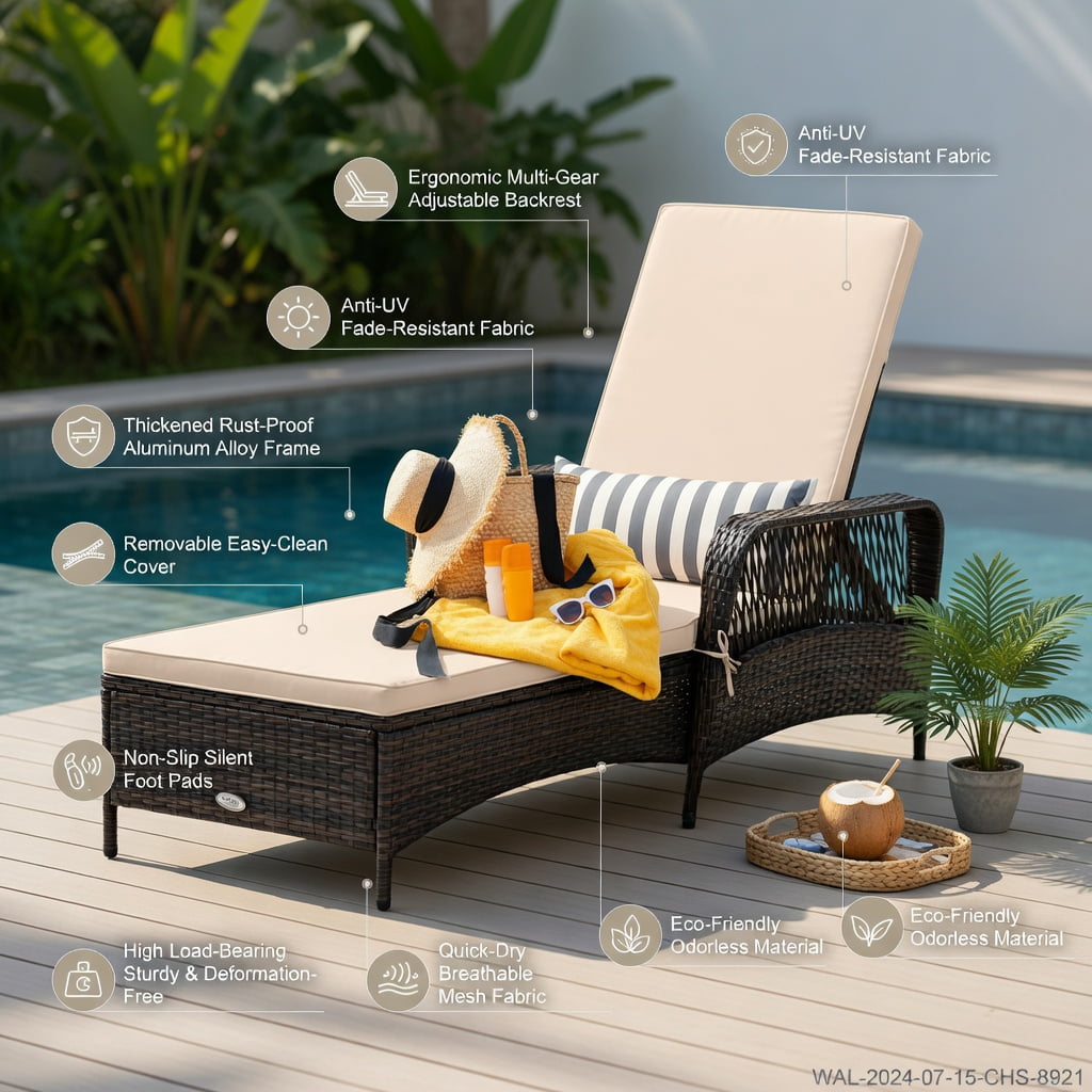 Hommoo Adjustable Outdoor Wicker Chaise Lounge Chair with Weather-Resistant PE Rattan, Cushion & Lumbar Pillow, Patio Recliner for Poolside, Balcony & Garden, Brown