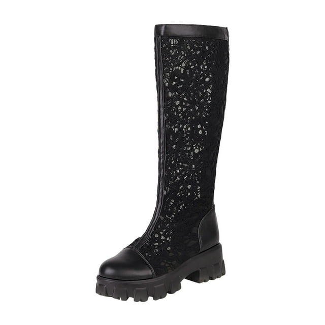 Dsscvnef Bottes Mi-Mollet pour Femmes Printemps Été Mode Maille Talon Carré Confortables Semelle Épaisse Élégantes Chaussures Décontractées Design Léger Durable