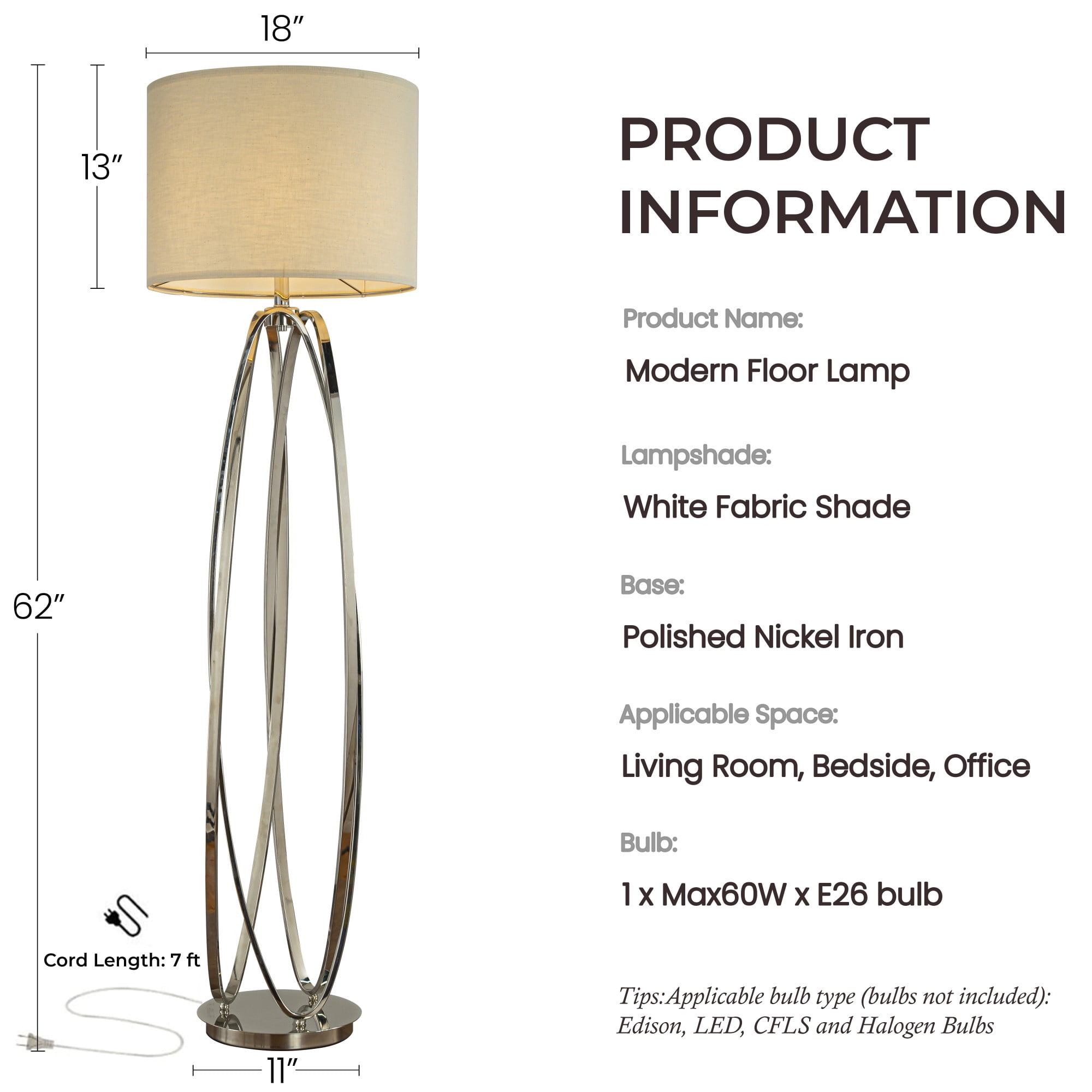 62'' Elegant Modern Polished Nickel Metal Floor Lamp With Ivory Fabric Drum Shade For Living Room Dining Room